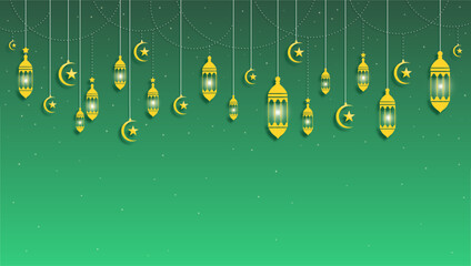 Ramadan Night: Golden Lanterns and Crescent Moon Decor Over a Gradient Sky Festive Backdrop Decoration