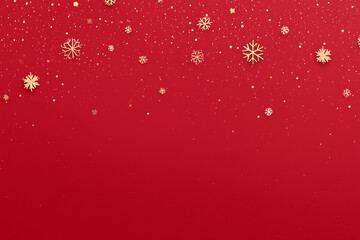 glossy red christmas background with subtle reflections, minimal gold snowflake accents, empty space for text in middle, 
