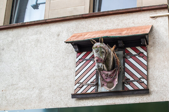 Frankfurt am Main, Germany - July 29 2025: The Horse's Head sculpture at the former Henninger Brewery in Frankfurt am Main