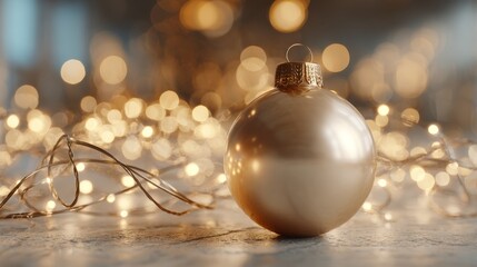 A close-up of a golden Christmas ornament surrounded by warm fairy lights, creating a festive and joyful mood.