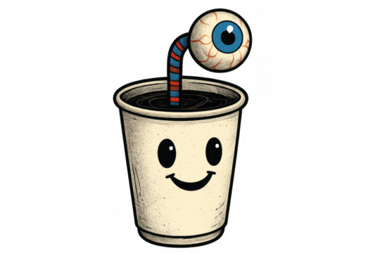 Eyeball drinking from happy cup with straw