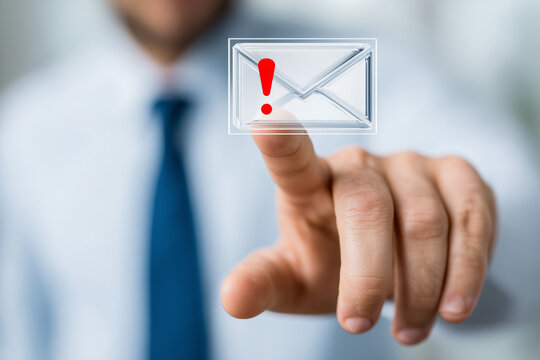 floating 3D holographic email icon forward, with red emergency alert icon, hand pointing and interacting, futuristic digital design. Ample negative space on the left side of the fr