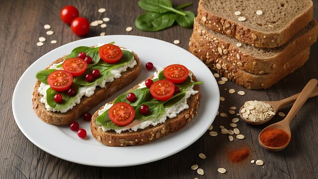 Delicious healthy whole grain toast with creamy spread fresh greens and cherry tomatoes on a plate