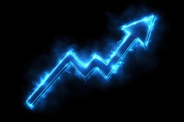 Glowing blue neon arrow graph showing upward trend on black background, electric light effect with smoke and energy particles for business growth concept.