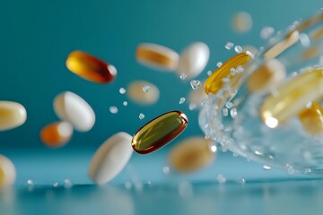 Flying vitamin and supplement capsules with water splash on turquoise background, dynamic motion capture of pills and minerals in macro photography.