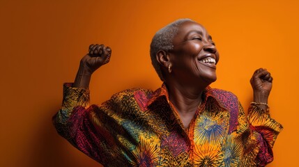 Photorealistic image of a happy elderly African woman celebrating with a joyful expression, smiling brightly with energetic and positive body language, generative ai illustration.