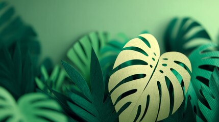 A vibrant arrangement of green tropical leaves, featuring a standout golden leaf, creating a striking contrast and a lush atmosphere.