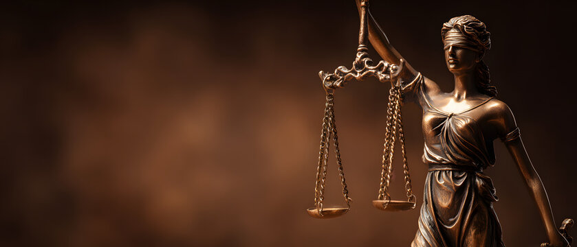 A statue of the goddess of justice holding a balance scale on a brown background banner with copy space for text. Illustration of a justice background.
