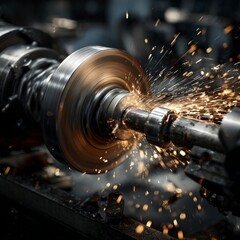 Metalworking process shows sparks flying from lathe during precision machining in a workshop
