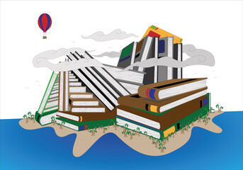 Fototapeta premium Book Illustration of mysterious island of books