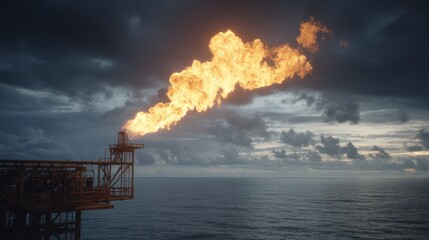 Oil industry flare ignition at offshore platform ocean view dramatic scene industrial environment