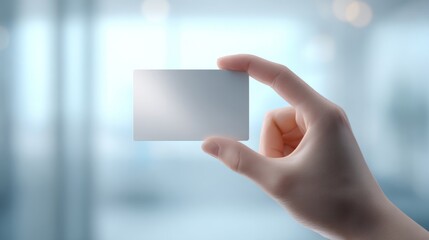 A close-up of a hand holding a blank card against a soft-focus background, ideal for customization or branding purposes.