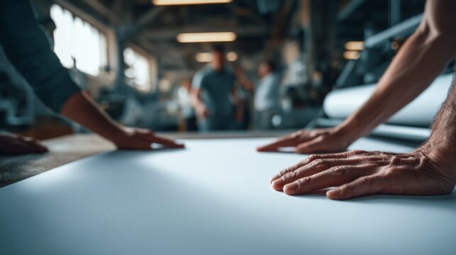Two hands of male workers focus on smooth paper in a busy workshop setting.