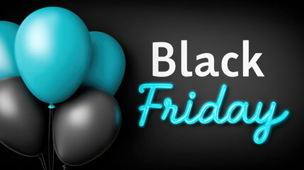 Black friday bold typography with glossy black and turquoise balloons on dark background creating modern shopping sale advertisement design
