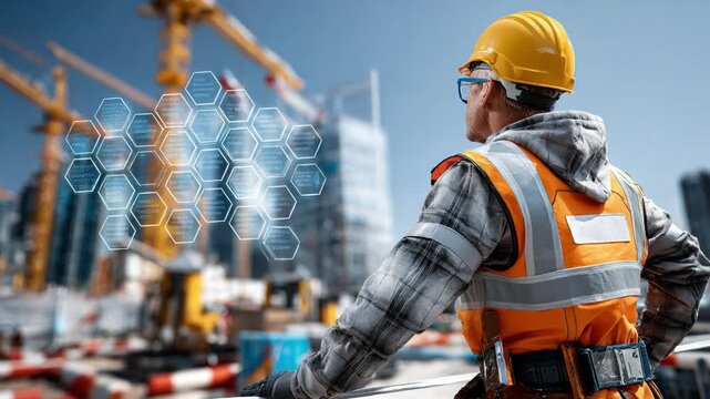 Visionary Builder: A focused construction worker stands amidst a bustling construction site, embodying dedication and the vision to transform blueprints into reality.
