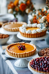 Close Up, Pumpkin pies and autumn desserts on Thanksgiving table