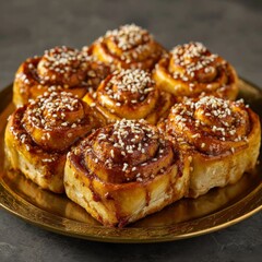 Delicious cinnamon rolls with sesame seeds served on a golden plate in a cozy bakery setting