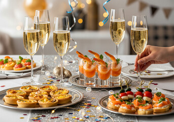 A lavishly set table for a festive celebration dinner, featuring champagne flutes, various gourmet appetizers, and elegant decorations. The table is adorned with small candles, glittery tinsel, and ev