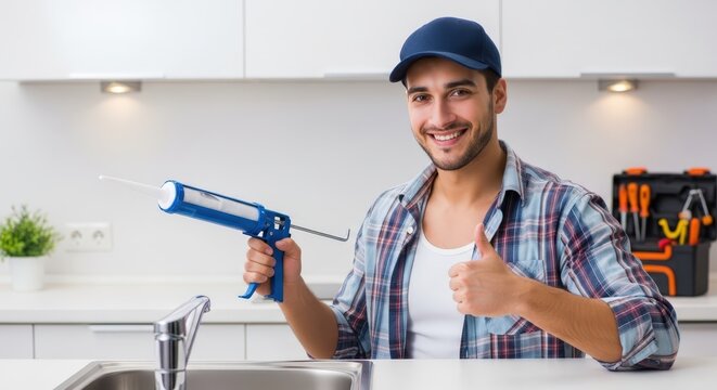 Smiling man holding a caulk gun and giving a thumbs up in a bright modern kitchen during home improvement