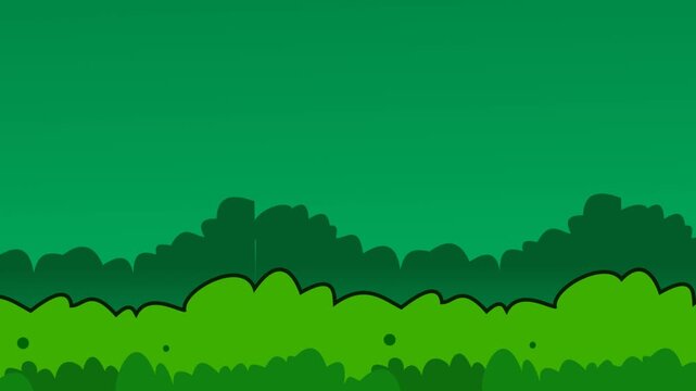 Cartoon jungle forest landscape background. Green bushes and trees for kids animation.