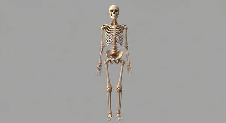 Human Skeleton Model Standing Against Gray Background in Medical or Educational Setting
