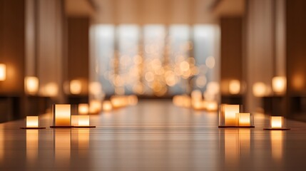 Hotel lobby interior INTENTIONALLY BLURRED IMAGE filled with candlelight reflections and subtle rangoli glow