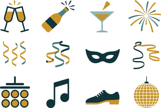 Party Celebration Icon Set — Champagne, Fireworks, Mask, Disco Ball, Music, Streamers, Festive Vector Design