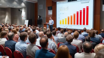 Business Presentation: A confident presenter delivers a compelling business presentation to a captivated audience. Data and charts showcase the company's growth and success. - Powered by Adobe