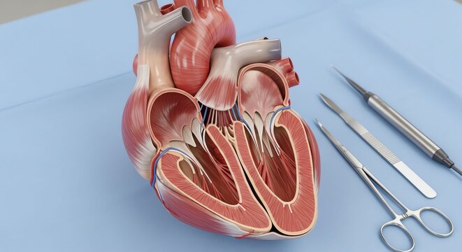 Detailed Anatomical Heart Model with Surgical Tools on Blue Medical Surface