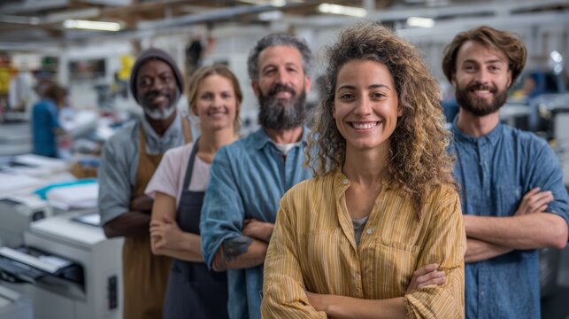 A diverse group of cheerful professionals stands proudly in a modern workspace, showcasing collaboration and teamwork.