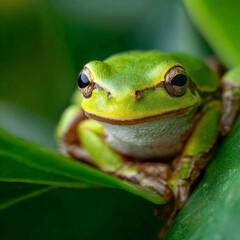 Close-up view of a green frog resting on a leaf in a lush environment during daylight hours