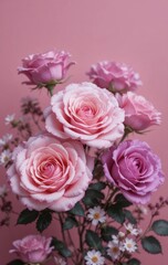 Obraz premium A bouquet of pink and lavender roses against a soft pink background, showcasing their delicate petals and lush green leaves.