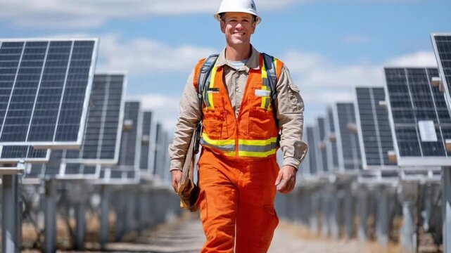 Green Energy Visionary: A worker, clad in safety gear, confidently strides through a vast solar panel array, embodying the promise of a sustainable future.