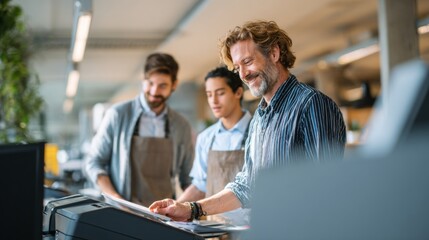 A group of three men collaborate at a workstation, showcasing creativity and teamwork in a modern office environment.