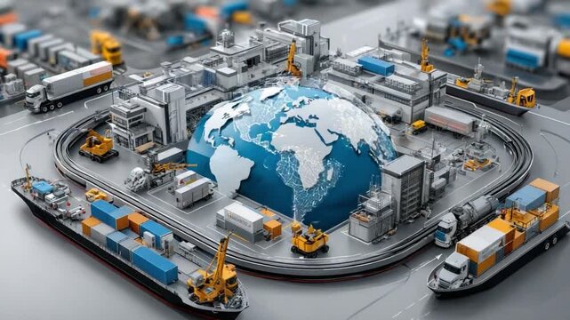 Global Logistics Network: An intricate depiction of the interconnected global logistics and supply chain network, showcasing the flow of goods and services around the world.