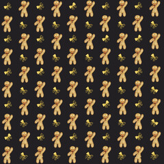 festive seamless pattern gingerbread man  bows on black background