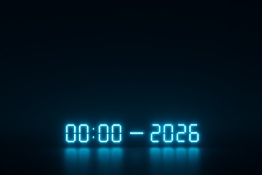 Glowing blue digital clock showing 00 00 2026 on dark background, futuristic new year countdown for tech or celebration themes, copy space. - Powered by Adobe