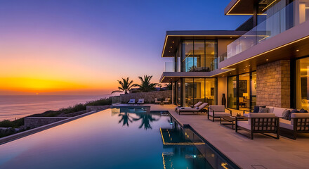 Luxury modern coastal villa infinity pool at sunset serene ocean view paradise