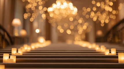 Hotel lobby staircase INTENTIONALLY BLURRED IMAGE glowing candles along steps under chandelier light