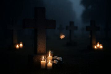 All Saints Day Simple Stone Crosses with Candles at Night