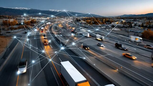 Highway of Connectivity: An expansive highway scene comes alive with the digital realm, as cars and trucks navigate a network of data streams, illuminating the path of technology and mobility.