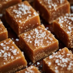 Delicious pieces of caramel dessert topped with coarse salt arranged on a wooden surface