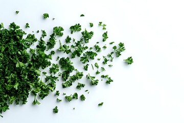 Obraz premium Fresh green parsley leaves scattered on white background, organic herbs pattern with copy space for food styling and healthy cooking concepts.