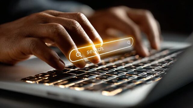 Digital Exploration: Focused on the search function, a person's hands navigate a laptop's keyboard, symbolizing the act of digital research, data access, and information seeking in a tech-driven era.