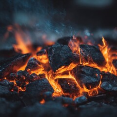 Fire crackles in the night as glowing embers light up the dark surroundings near a campsite