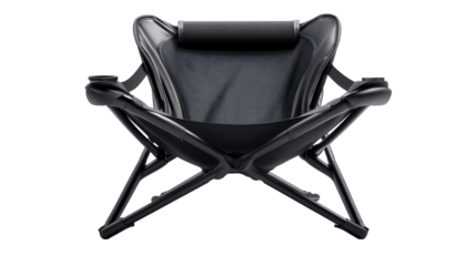 Modern Black Folding Chair with Cup Holders on Transparent Background