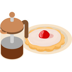 Isometric French Press Coffee Maker Beside a Round Pastry With White Icing and a Red Cherry on Top Isolated on a Transparent Background