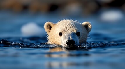 Young polar bear cub swimming in blue arctic waters, close-up view of wet furry head and curious black eyes emerging above water surface during summer.