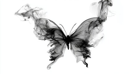 a butterfly comprised entirely of black smoke on a white background. The smoke is flowing up and morphing into the butterfly. It is wispy smoke, similar in shape to cigarette smoke, but black
