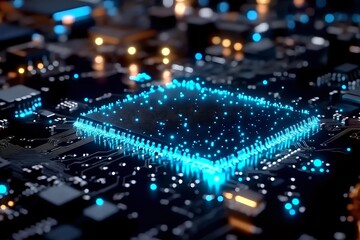Fototapeta premium Glowing blue microprocessor on circuit board with futuristic light effects, close-up view showing advanced computing technology and digital innovation.